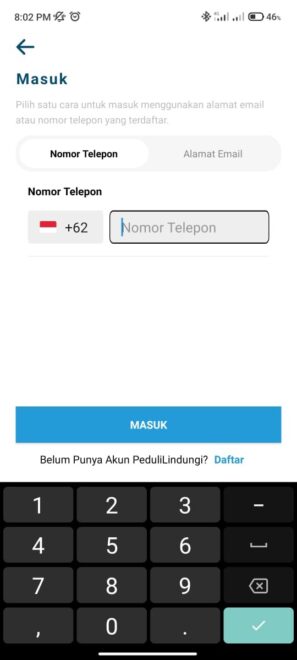 Login di aplikasi pedulilindungi.