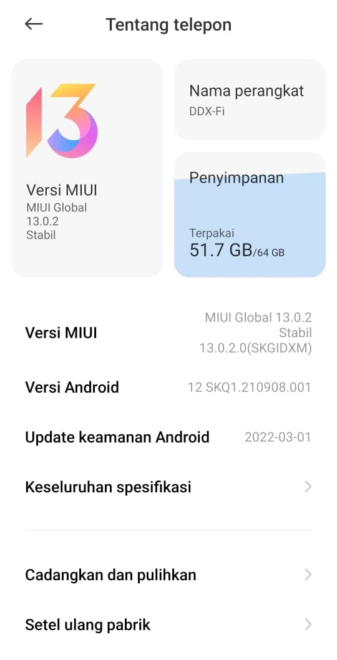 Menu pengaturan untuk menemukan cara mereset HP Xiaomi