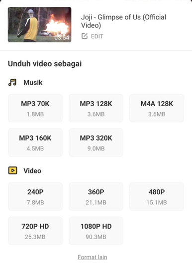 Mendownload lagu dari YouTube melalui Snaptube berhasil.