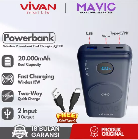 Vivan VPB-W20 20000 mAh - Power Bank Yang Bagus Dengan Fast Charging